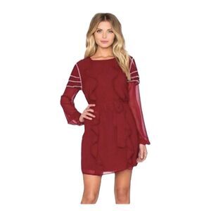 Tularosa Bowie Beaded Dress Maroon Burgundy Sheer Chiffon Mini Long Sleeve XS